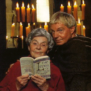 Ellis Peters and Derek Jacobi, the latter in costume as Brother Cadfael